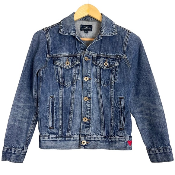 Lucky Brand Jean Jacket Embroidered‎ Heart Distressed Denim Whiskered Trucker XS - Picture 1 of 12